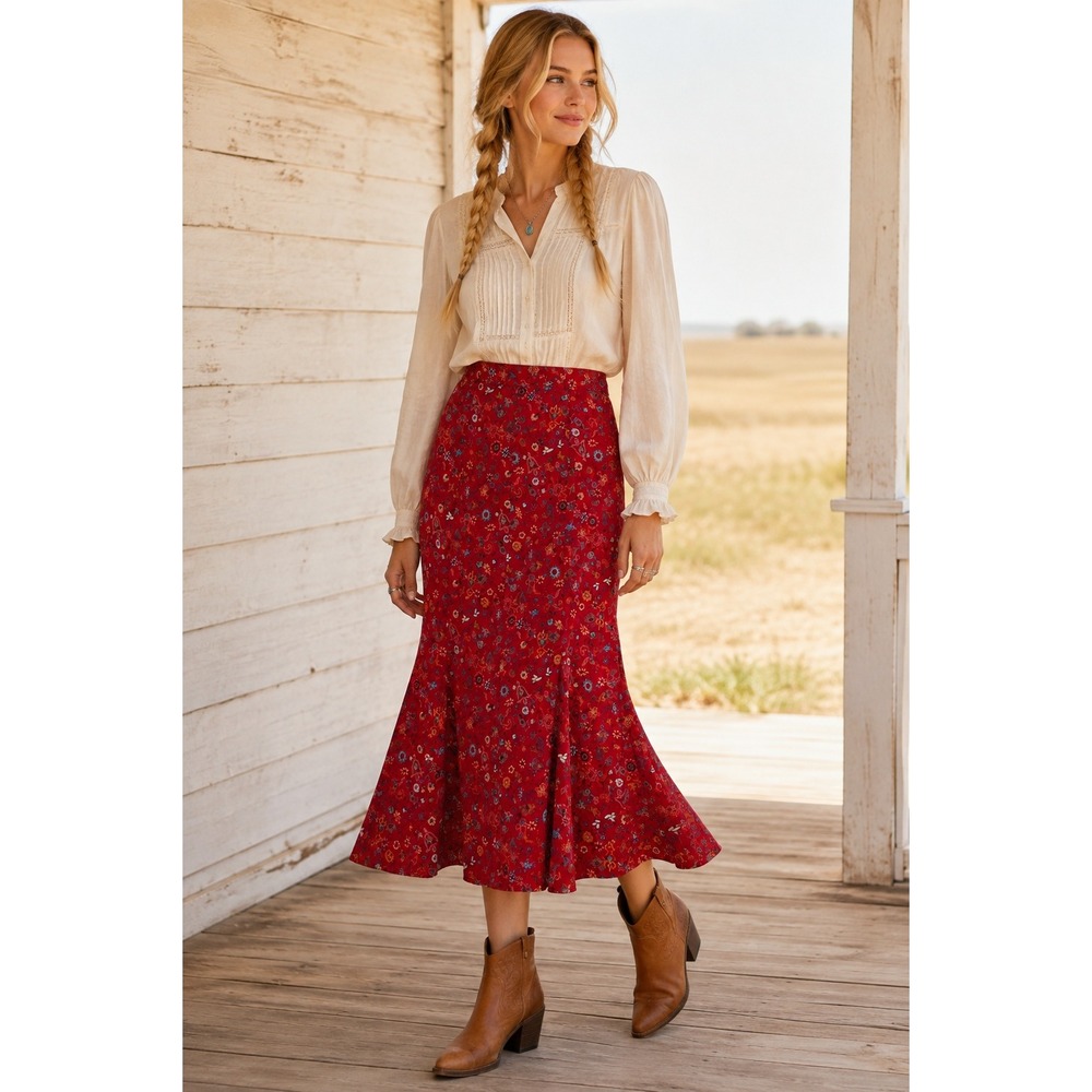 Boho Prairie Western Y2K Red Floral Paisley Christopher & Banks 6 Midi Skirt